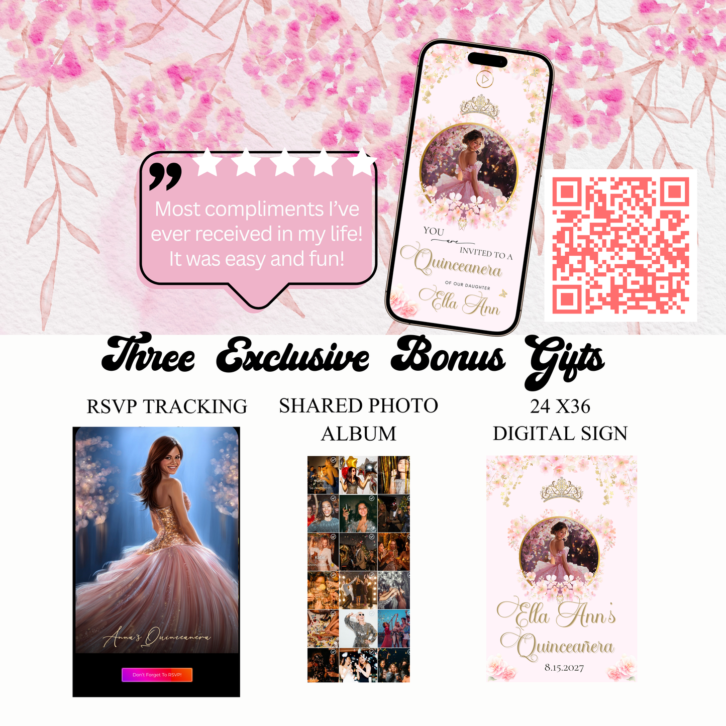 Pink Quinceanera Invitation Website with RSVP | Animated Sweet 15 16 Mobile Interactive Evite with RSVP and Music