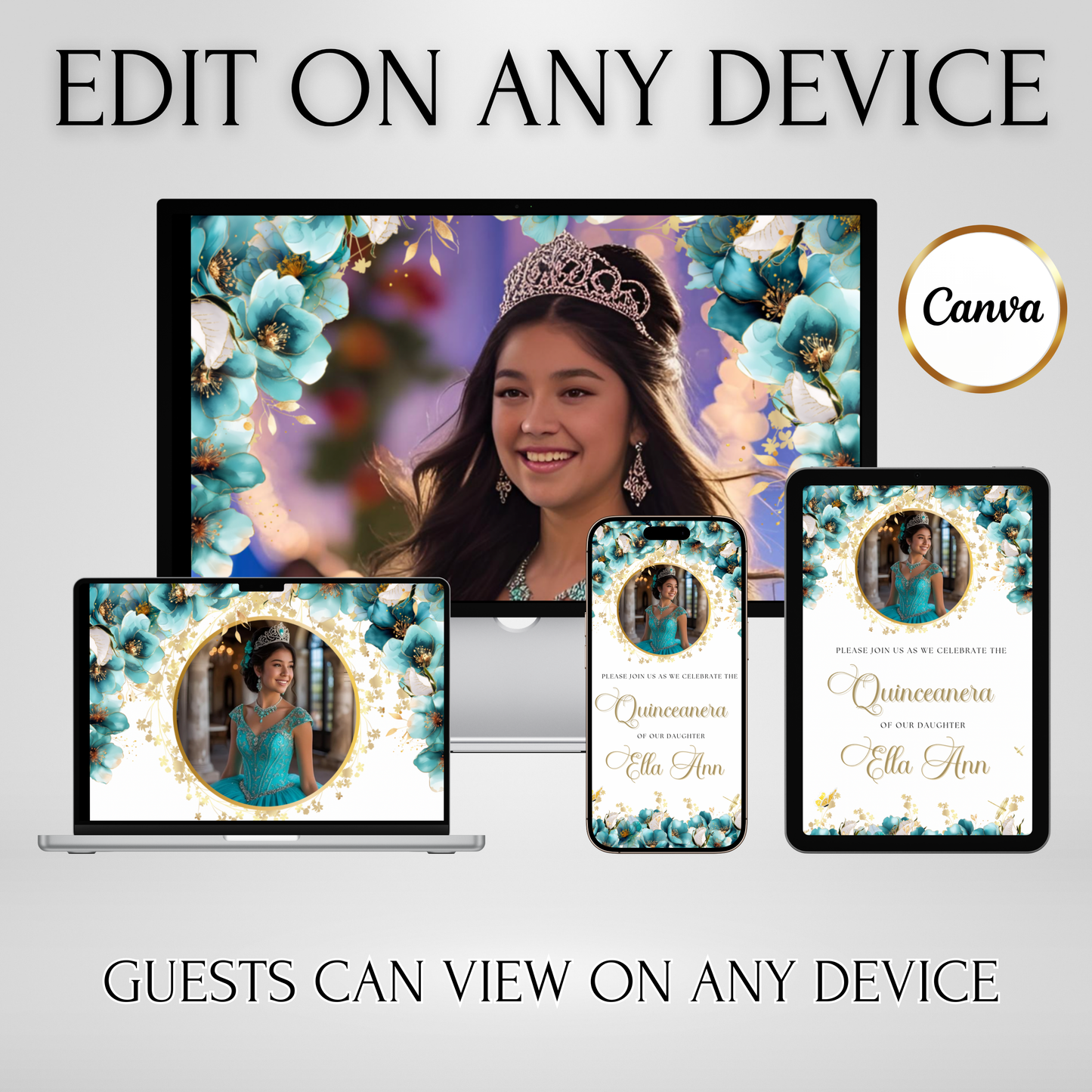 Turquoise and Gold Quinceanera Video Invite Animated Sweet 15 Quince Mobile Evite with RSVP tracking