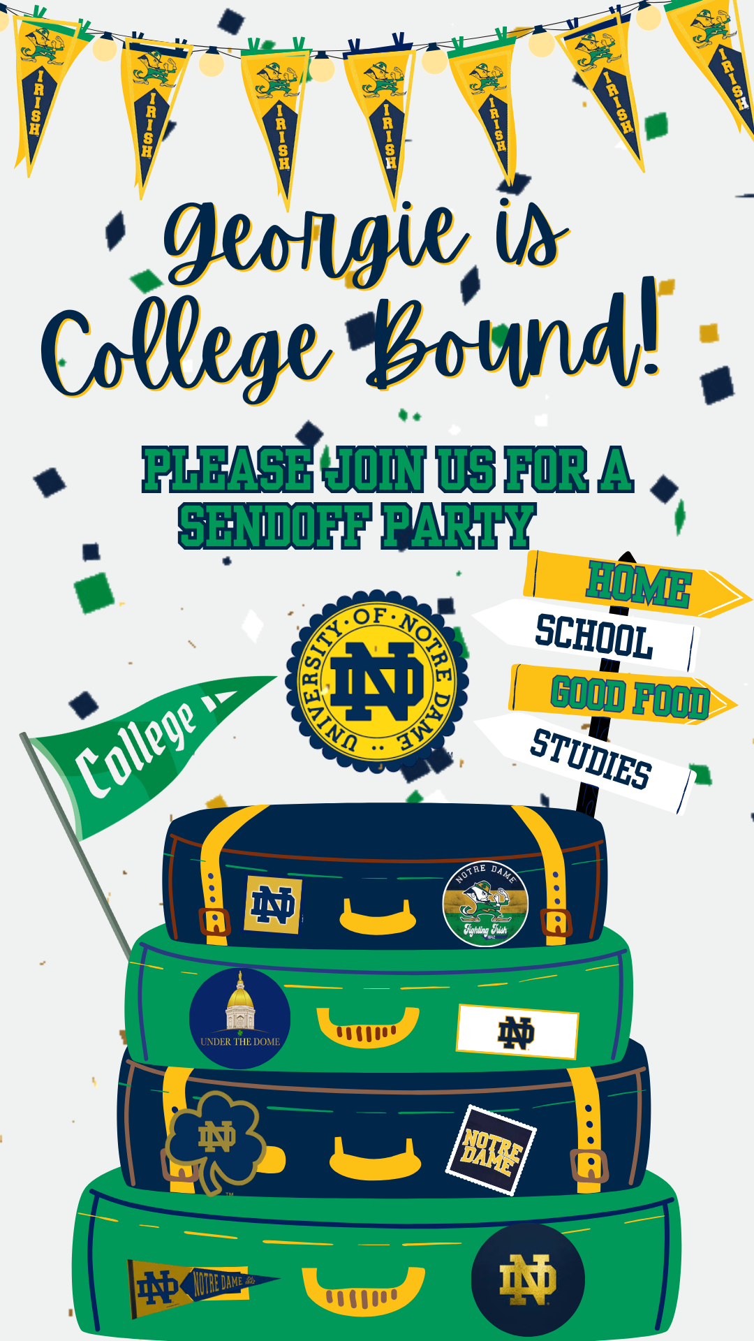 Notre Dame College Send Off Video Invitation – Irish Pride Trunk Party Evite Canva Editable