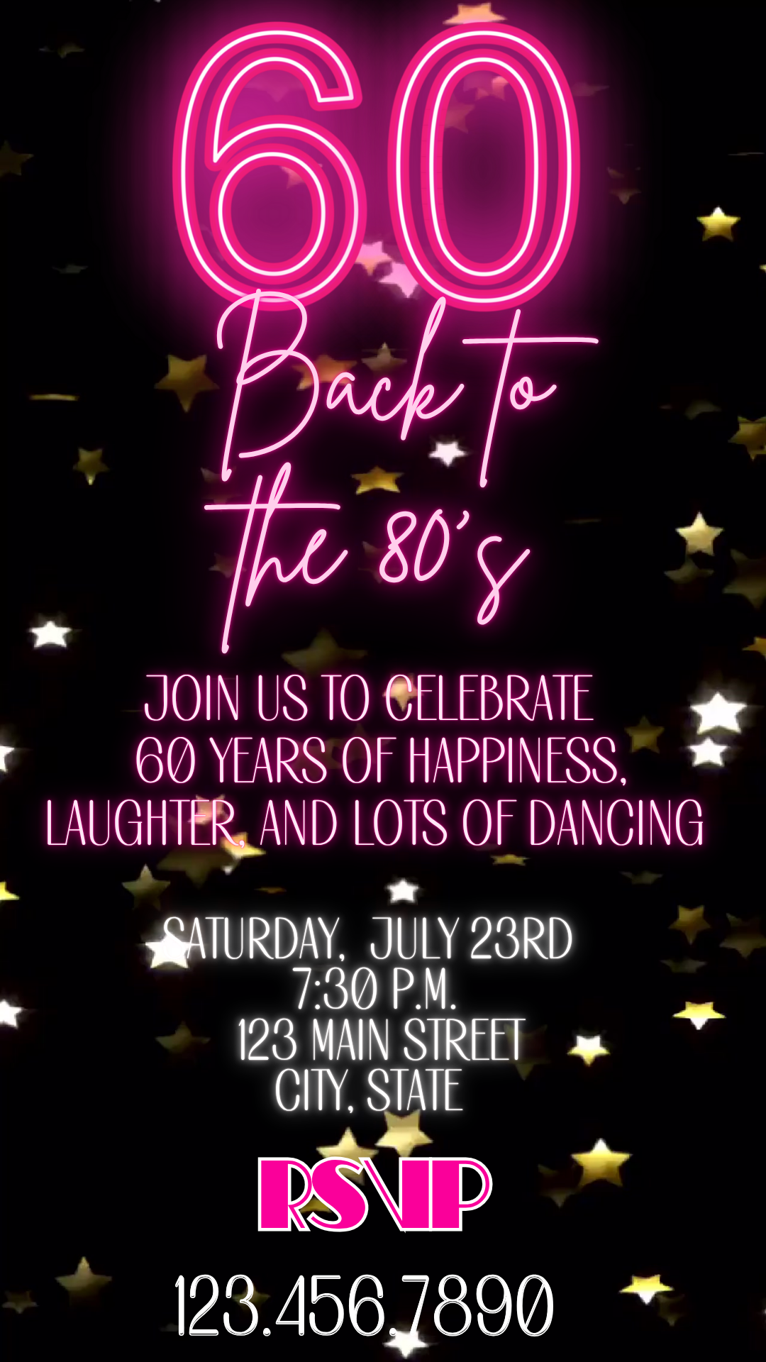 Flashback 80s Neon Birthday Video Invite – 60 Years of Fun Celebration Instant Download