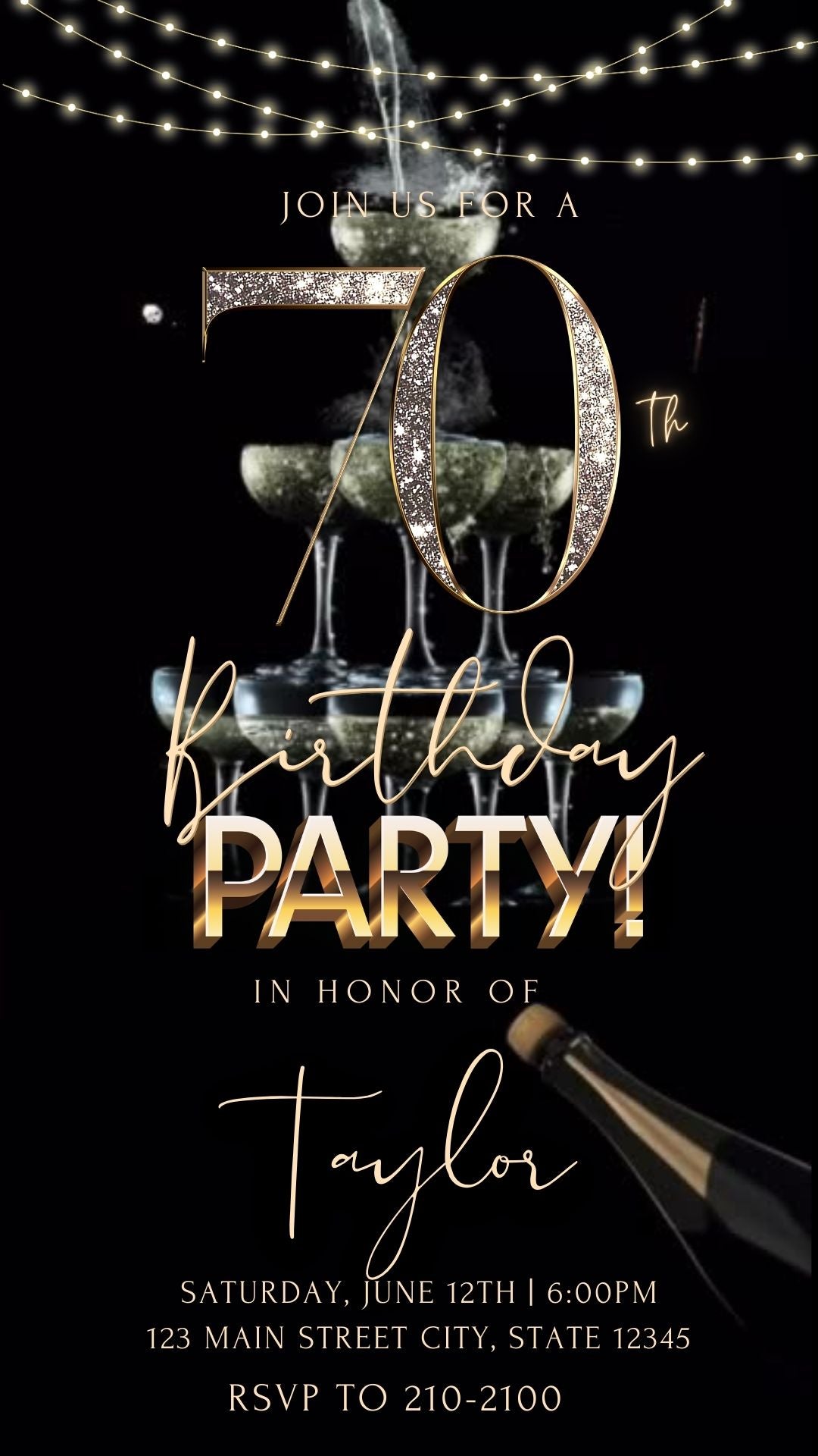 Editable champagne gold 70th birthday video invitation displayed on a mobile phone, featuring an animated vertical digital invite with music, created in Canva. This premium video invitation template is designed for sharing by text, email, and social media and works with an interactive RSVP website for easy guest response tracking.