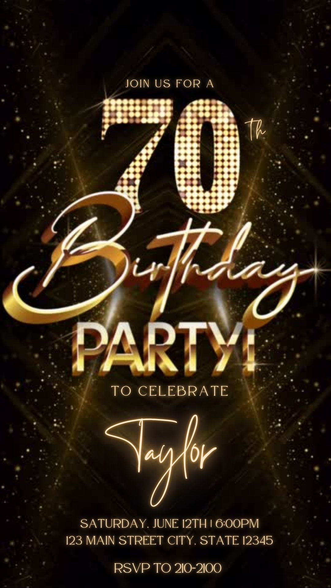 Editable gold glitter 70th birthday party video invitation displayed on a mobile phone, featuring an animated vertical digital invite with music, created in Canva. This premium video invitation template is designed for sharing by text, email, and social media and works with an interactive RSVP website for easy guest response tracking.