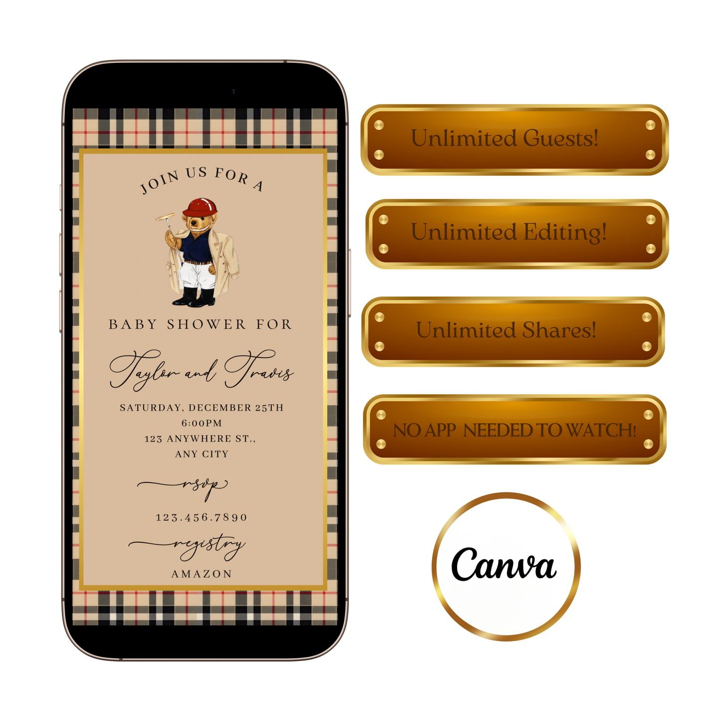 Polo Bear Baby Shower Video Invitation | Digital Burberry Plaid Invite | Editable Canva Template