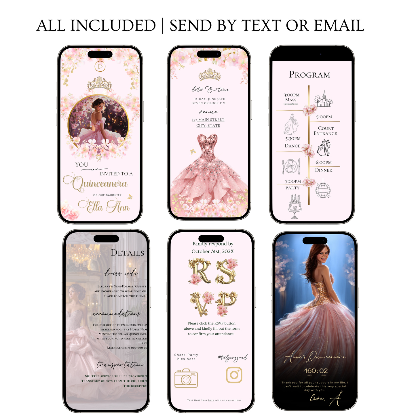 Pink Quinceanera Invitation Website with RSVP | Animated Sweet 15 16 Mobile Interactive Evite with RSVP and Music