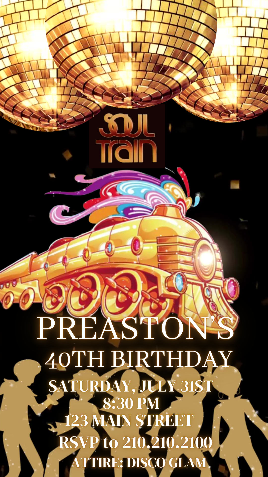 Soul Train Disco Birthday Party Video Invitation – 70s Funk Theme Canva Editable