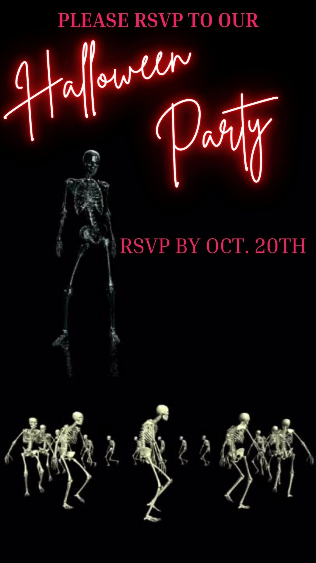 Editable neon skeleton halloween costume party party video invitation displayed on a mobile phone, featuring an animated vertical digital invite with music, created in Canva. This premium video invitation template is designed for sharing by text, email, and social media and works with an interactive RSVP website for easy guest response tracking.