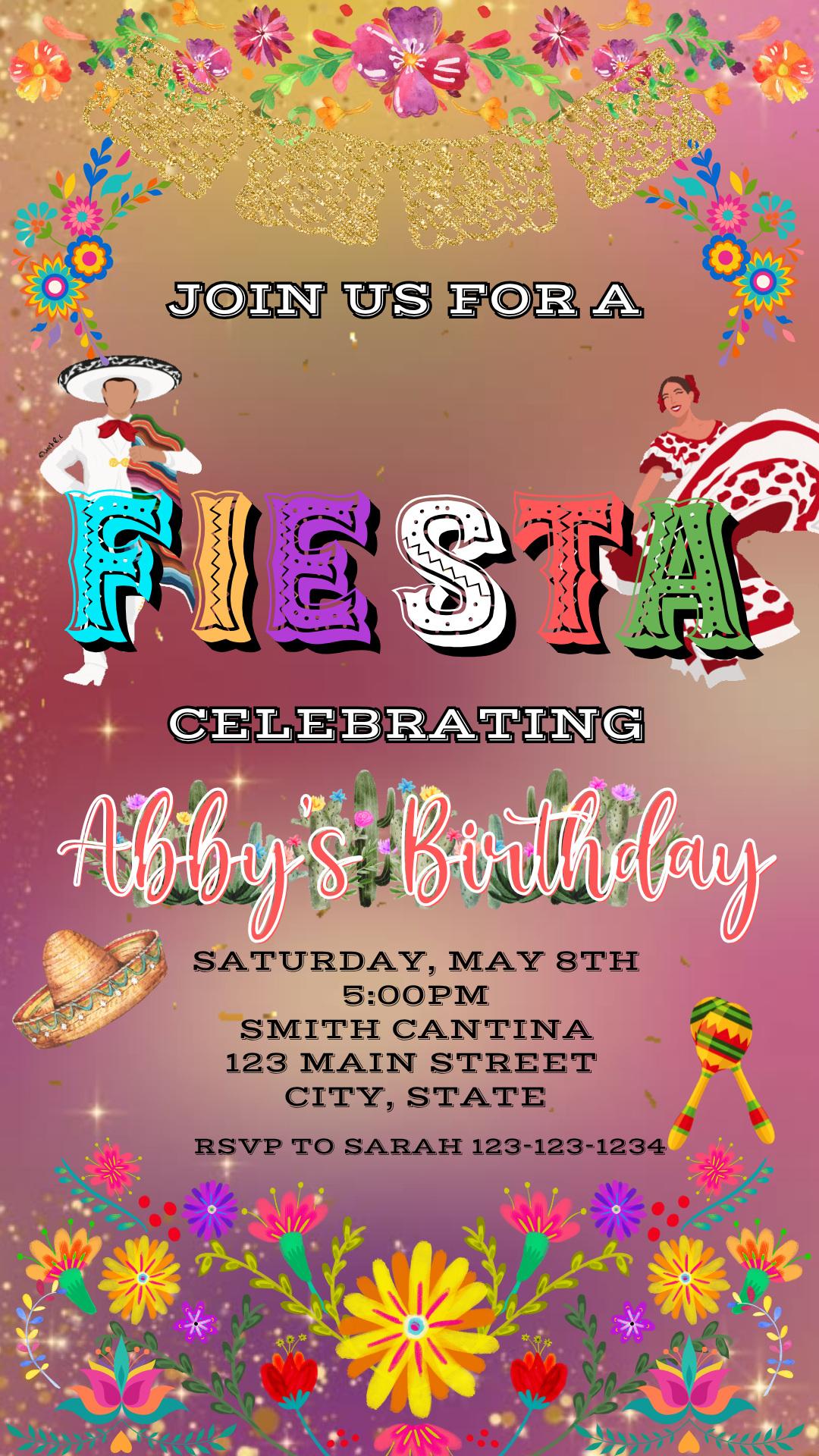 Colorful floral digital video invite card Mexican