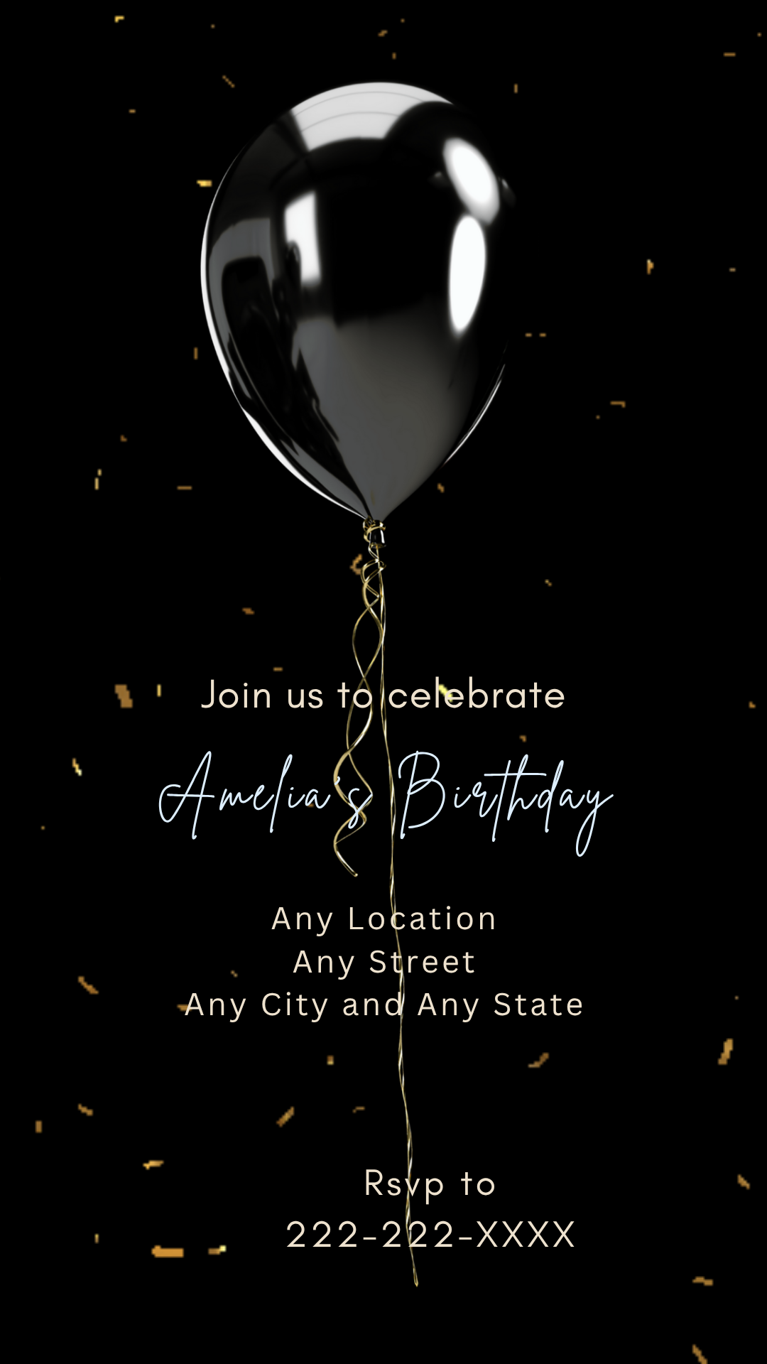 Elegant Balloon Birthday Party Video Invitation – Gold Confetti Animated Evite WhatsApp Video