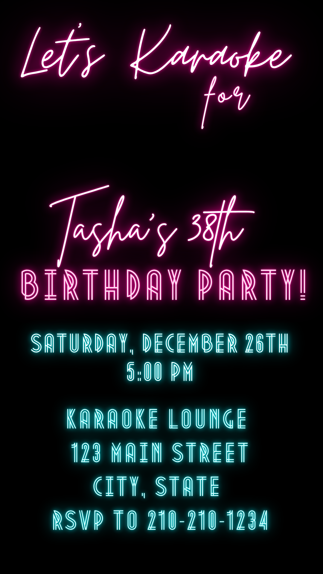 Neon Karaoke Night Digital Video Invitation Canva Editable