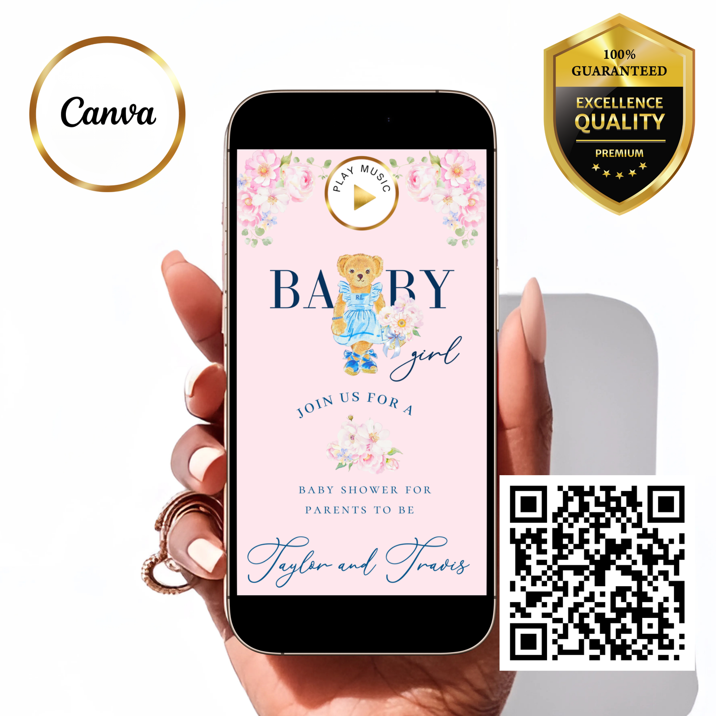 Einladung zur Babyparty mit Polo-Bär | Interaktive RSVP-Website | Bearbeitbare Canva-Vorlage