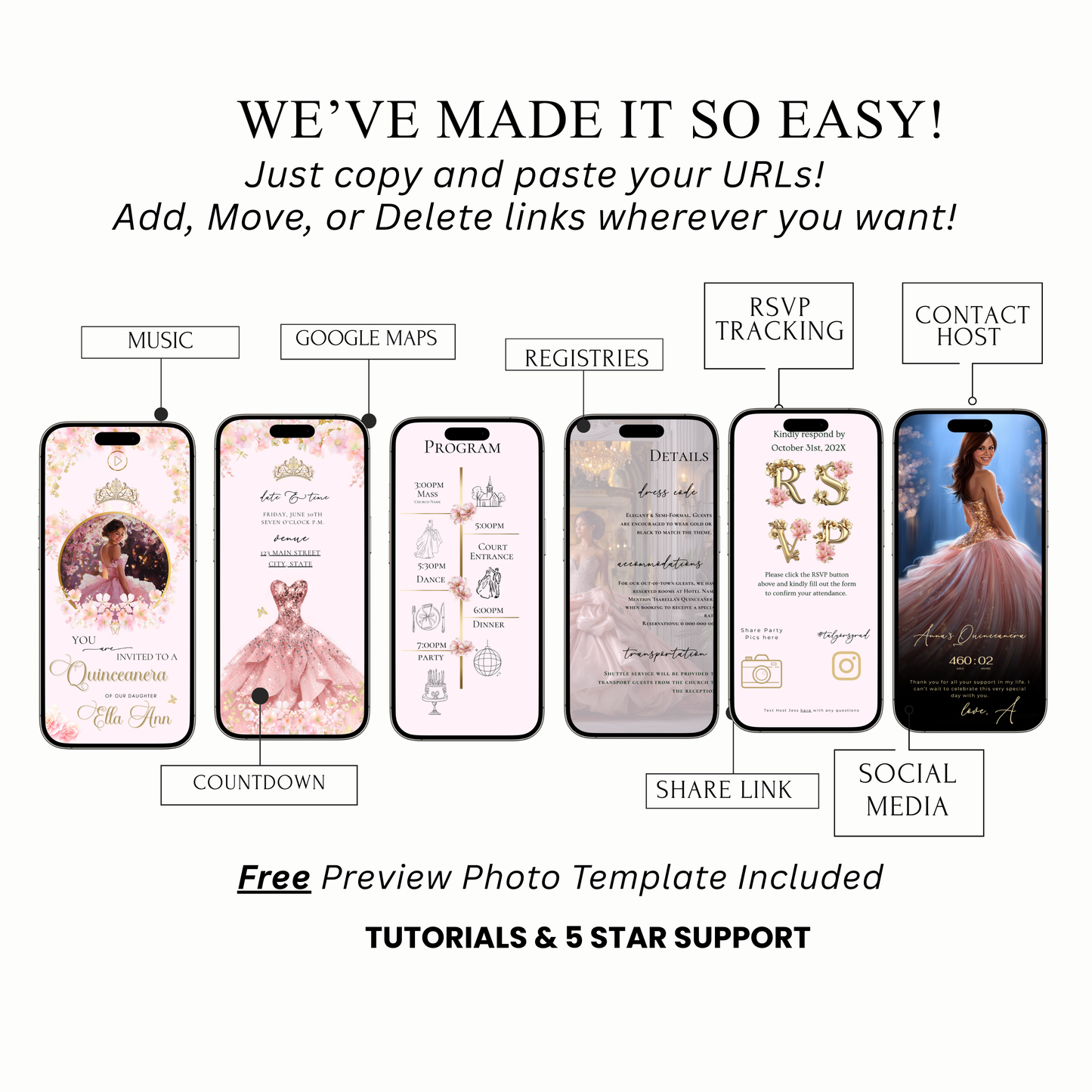 Pink Quinceanera Invitation Website with RSVP | Animated Sweet 15 16 Mobile Interactive Evite with RSVP and Music