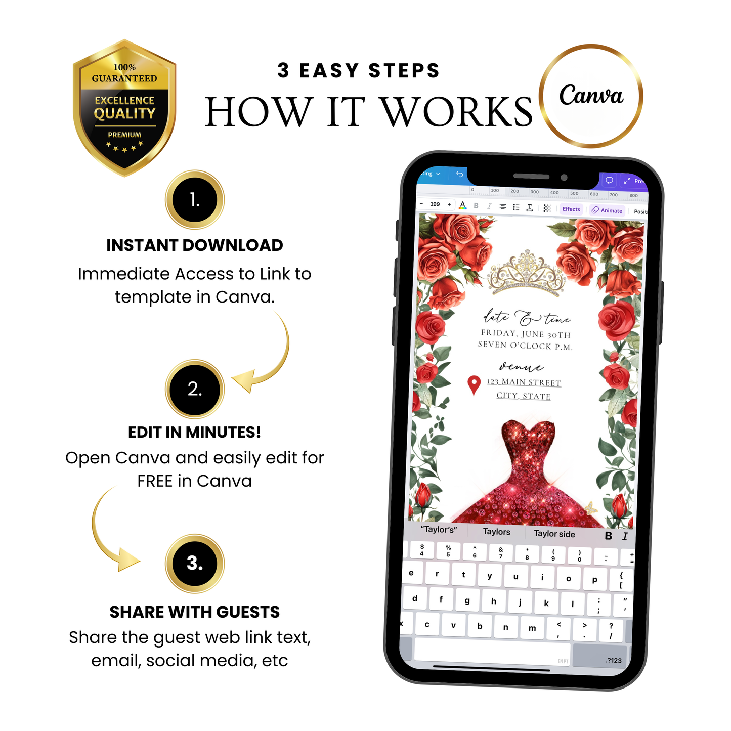 Red Roses Quinceanera Website Invite | Sweet 15 16 RSVP Tracking Invitation | Canva Template