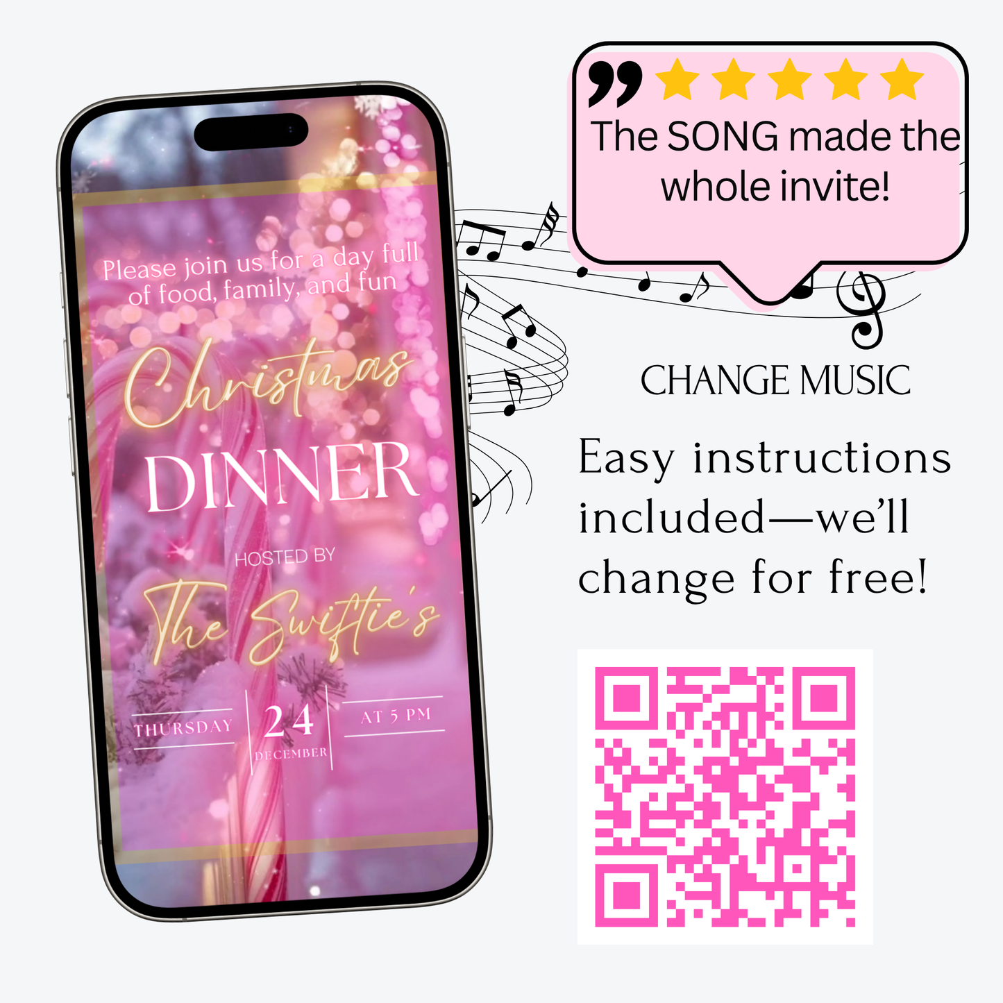 Pink Christmas Party Video Invitation – Editable Holiday Evite Template with Music