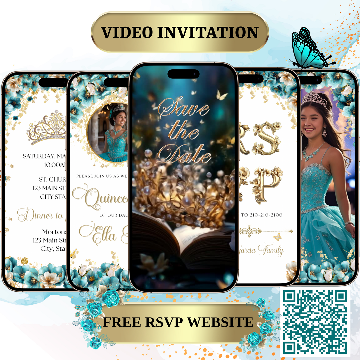 Turquoise and Gold Quinceanera Video Invite Animated Sweet 15 Quince Mobile Evite with RSVP tracking