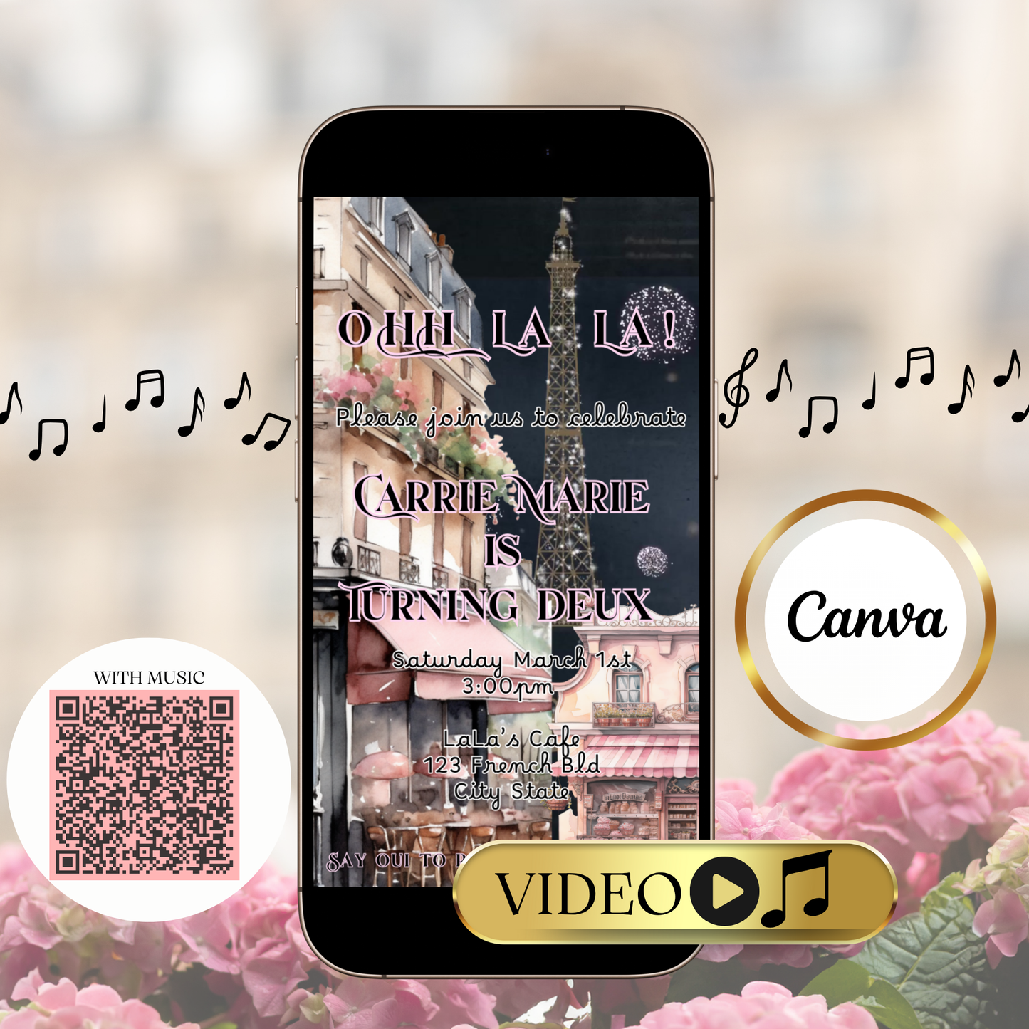 Paris Cafe Video Invitation – Parisian Eiffel Tower Birthday Party Evite with Music