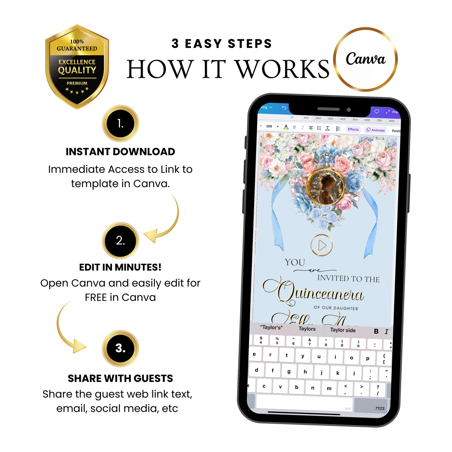 Cinderella Quinceanera Website Invite | Sweet 15 16 Evite RSVP tracker Video Invitation | Canva Template