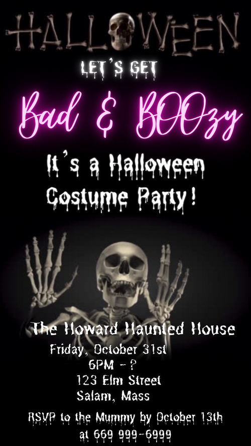 Halloween Video Invitation | Skeleton Animated Invite | Editable Halloween Bad and boozy Mobile Evite