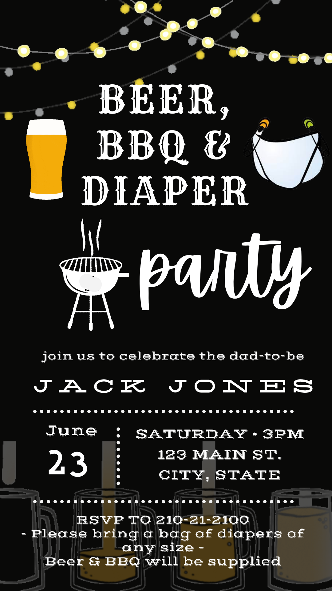 Editable Beer and Diaper digital invite displayed on smartphone