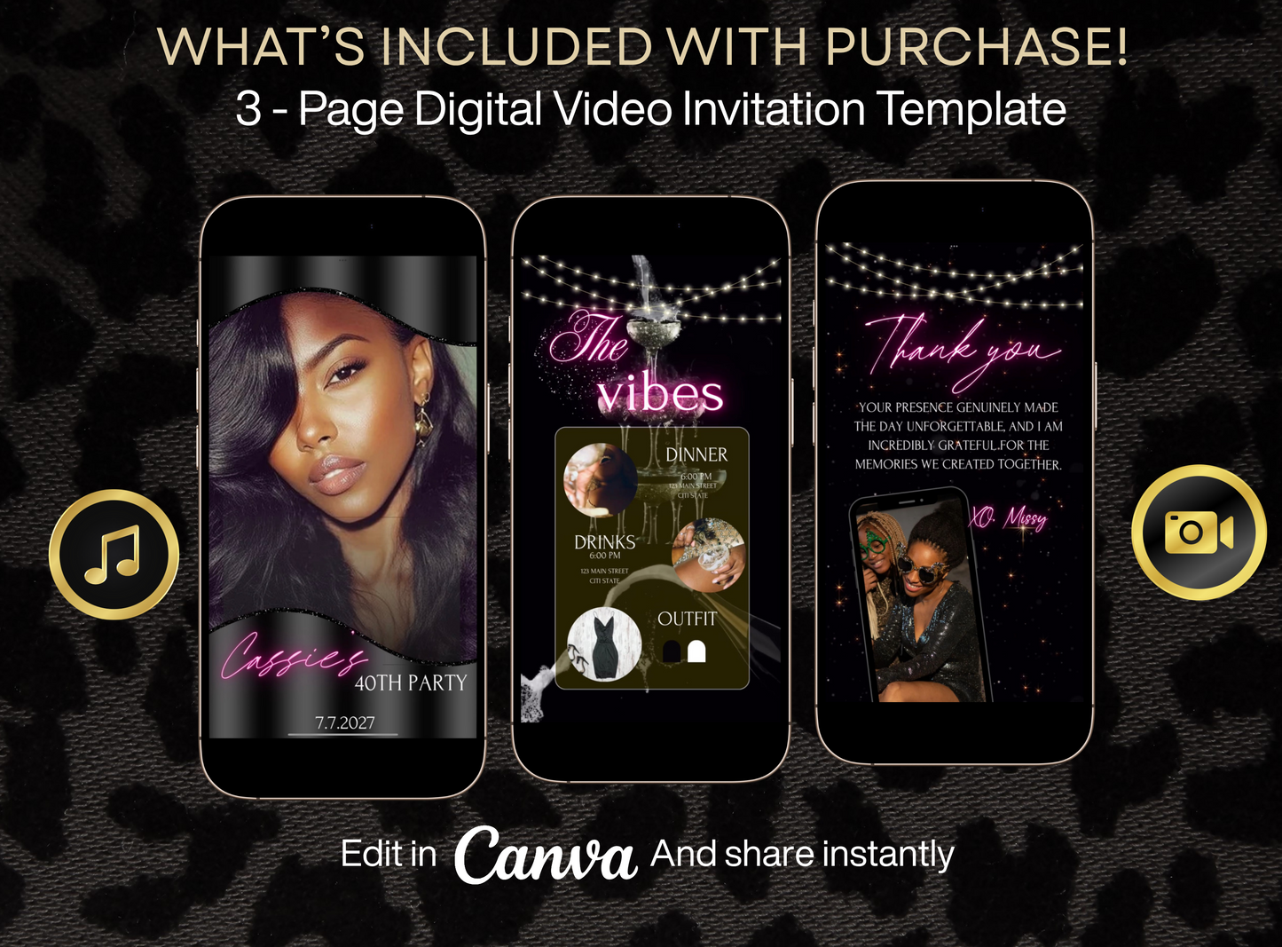Birthday dinner video Invite Glamorous black and pink birthday video invitation for a party with editable Canva templates. Includes a chic neon pink script title, itinerary with drink and dinner times, outfit suggestion in black and white, and thank you message with string lights and photo collage. Stylish and mobile-friendly vertical layout for texting or social sharing.
