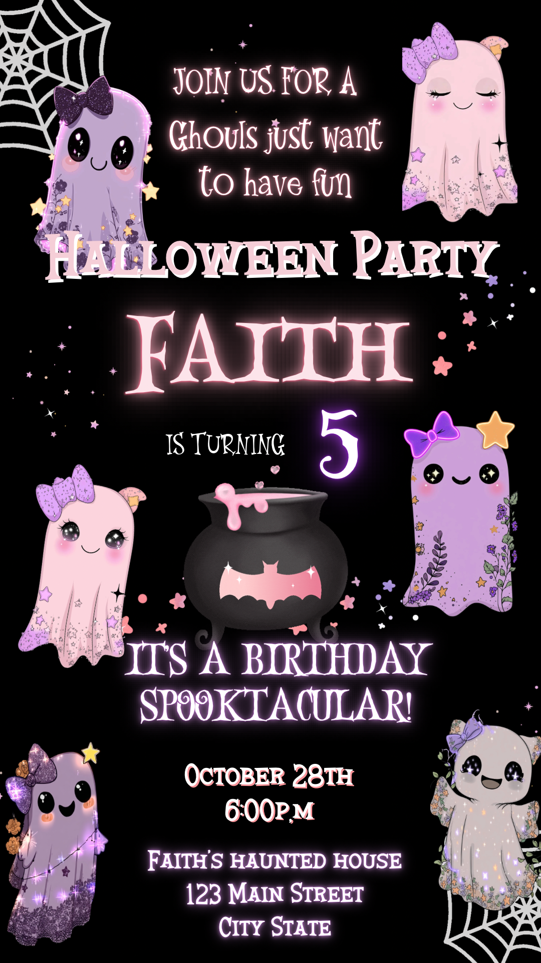 Cute Ghost Halloween Video Invitation | Pink Ghost Animated Editable Halloween Party Mobile Evite