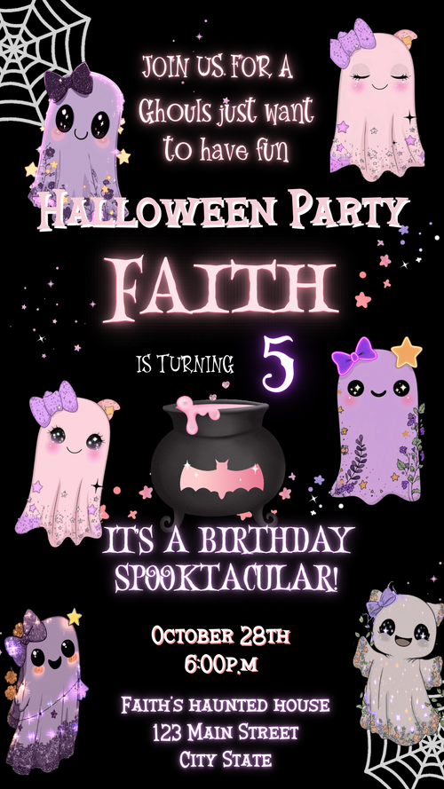 Cute Ghost Halloween Video Invitation | Pink Ghost Animated Editable Halloween Party Mobile Evite