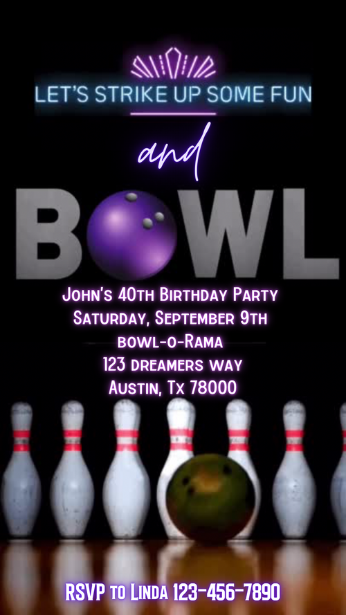 Bowling party video evite Animated let’s strike up some fun invite