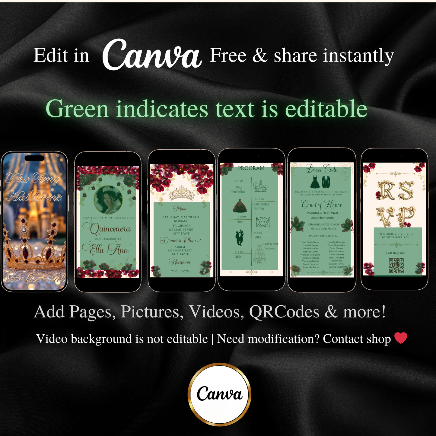 Burgundy Quinceanera Video Invite Animated Sweet 15 Chic Red Rose Mobile Evite with RSVP tracking