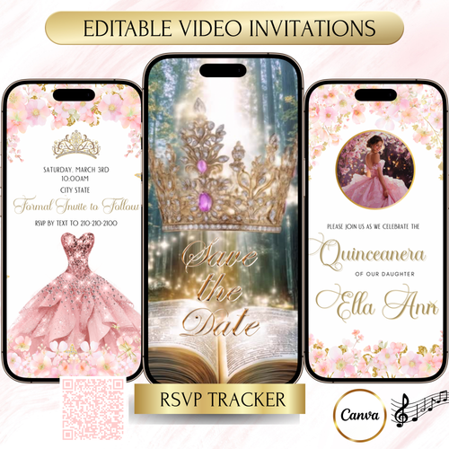 Pink Quinceanera Video Invite Animated Sweet 15 Quince Mobile Evite with RSVP tracking