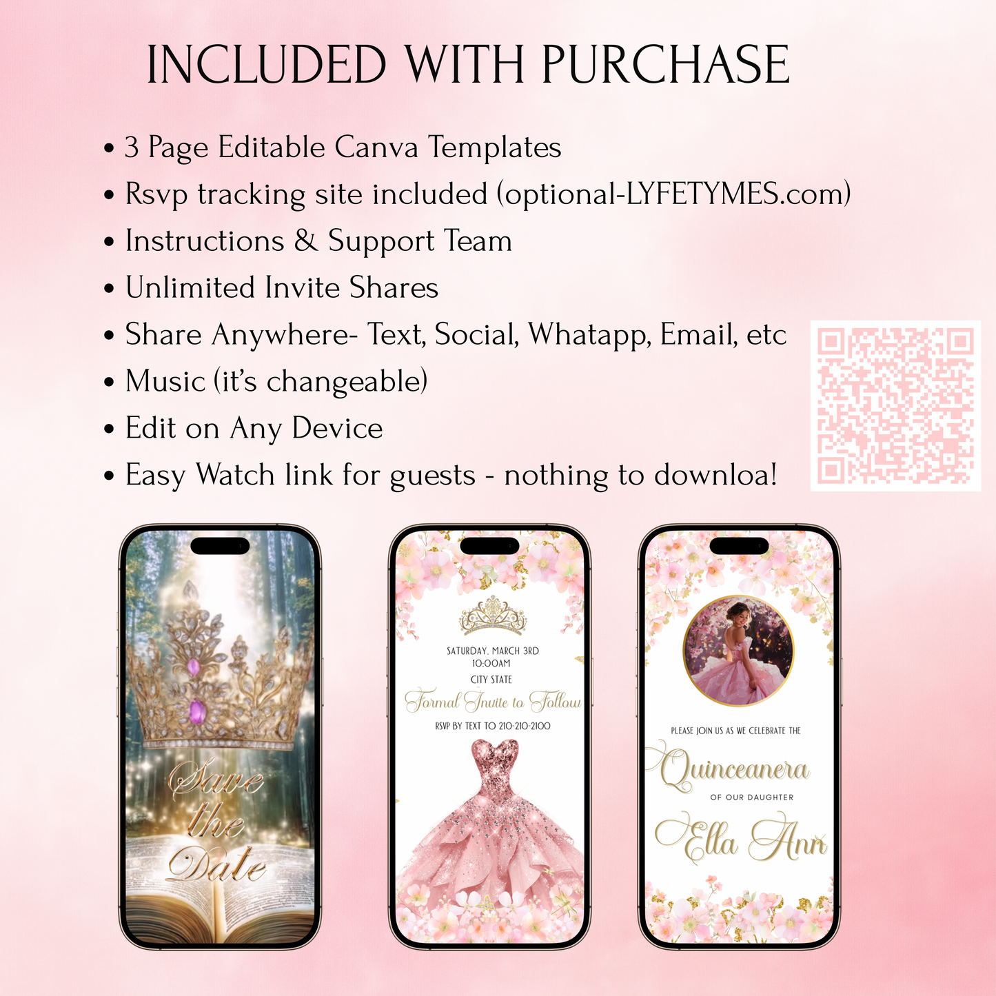 Pink Quinceanera Video Invite Animated Sweet 15 Quince Mobile Evite with RSVP tracking