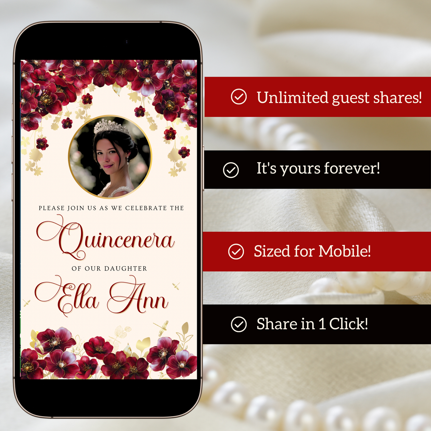Burgundy Quinceanera Video Invite Animated Sweet 15 Chic Red Rose Mobile Evite with RSVP tracking