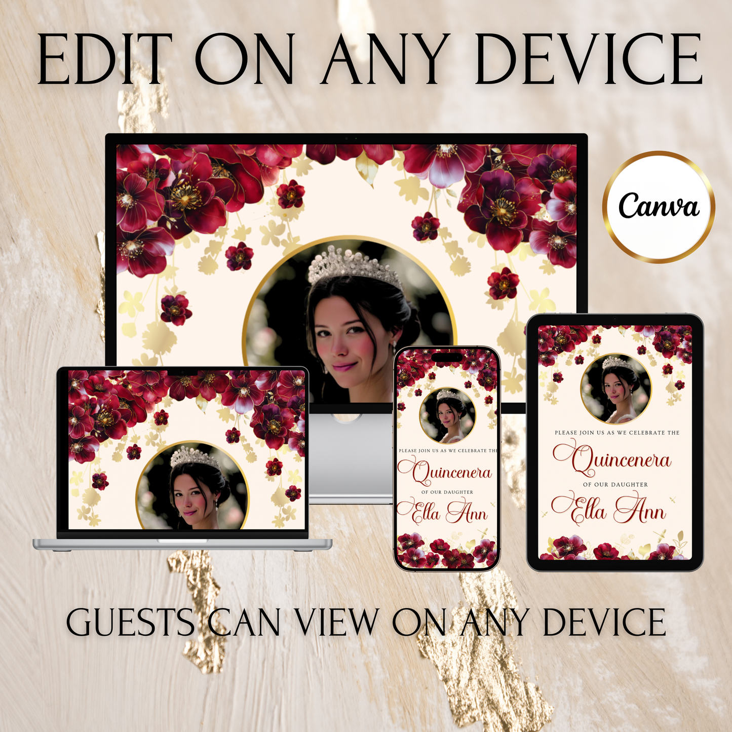 Burgundy Quinceanera Video Invite Animated Sweet 15 Chic Red Rose Mobile Evite with RSVP tracking