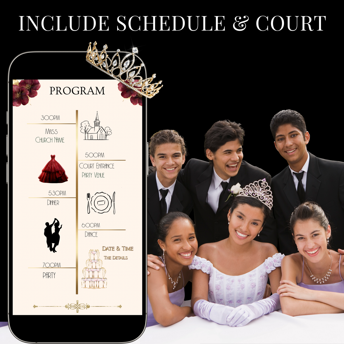 Elegant editable burgundy quinceañera or Sweet 16 video invitation template designed in Canva. Perfect for mobile evites, this digital invite features rich floral details, gold accents, RSVP tracking, and easy customization. Instantly personalize with your event details, music, and photos for a stunning celebration. Ideal for birthdays, quince fiestas, and milestone parties.