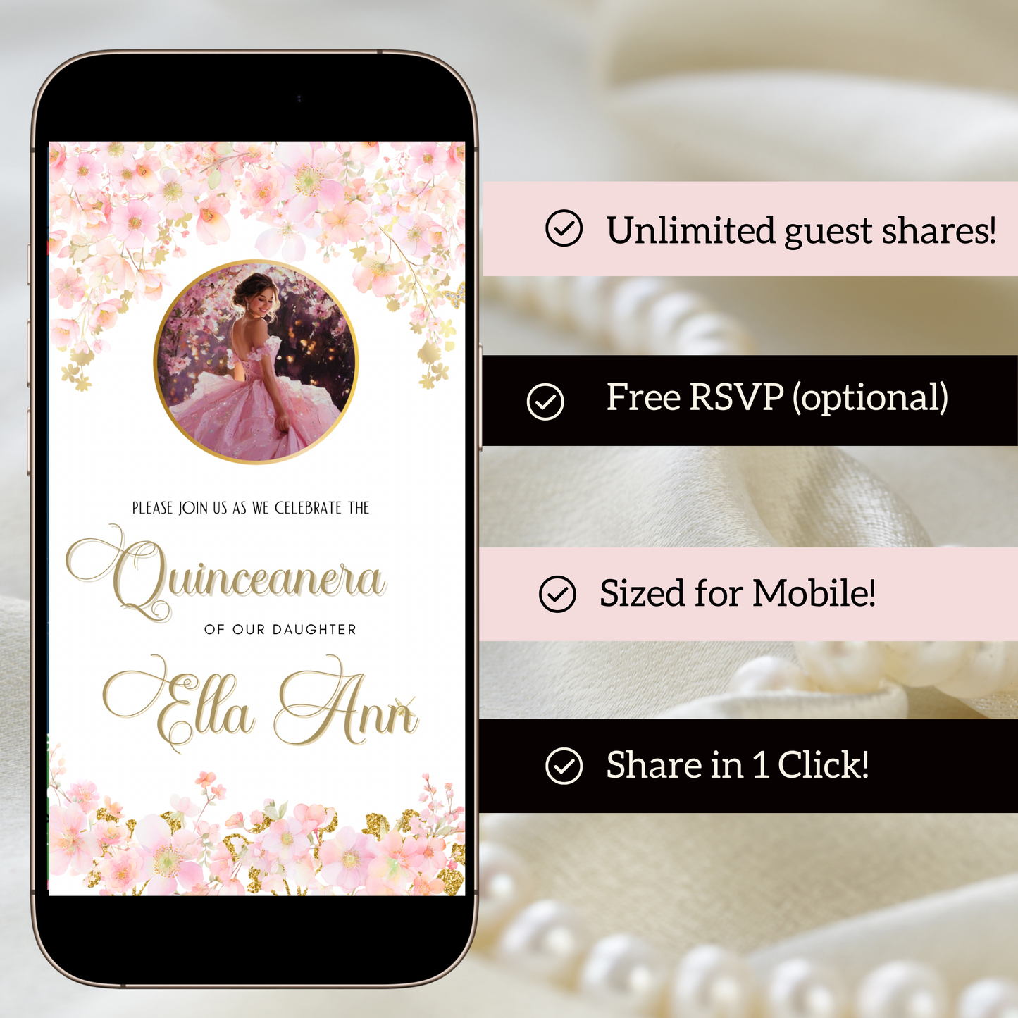 Pink Quinceanera Video Invite Animated Sweet 15 Quince Mobile Evite with RSVP tracking