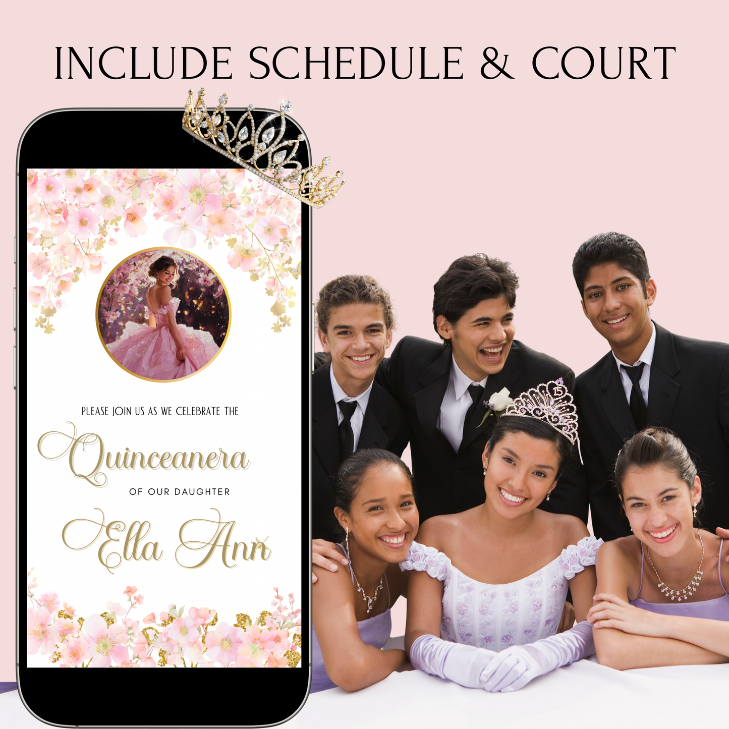 Pink Quinceanera Video Invite Animated Sweet 15 Quince Mobile Evite with RSVP tracking
