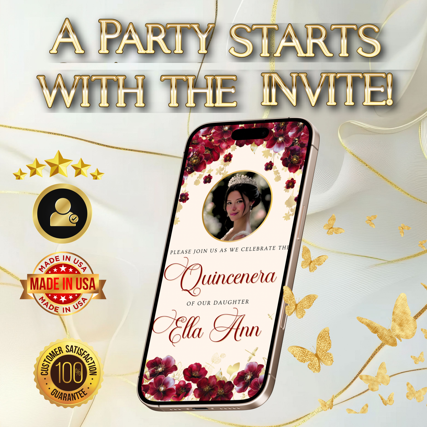 Burgundy Quinceanera Video Invite Animated Sweet 15 Chic Red Rose Mobile Evite with RSVP tracking