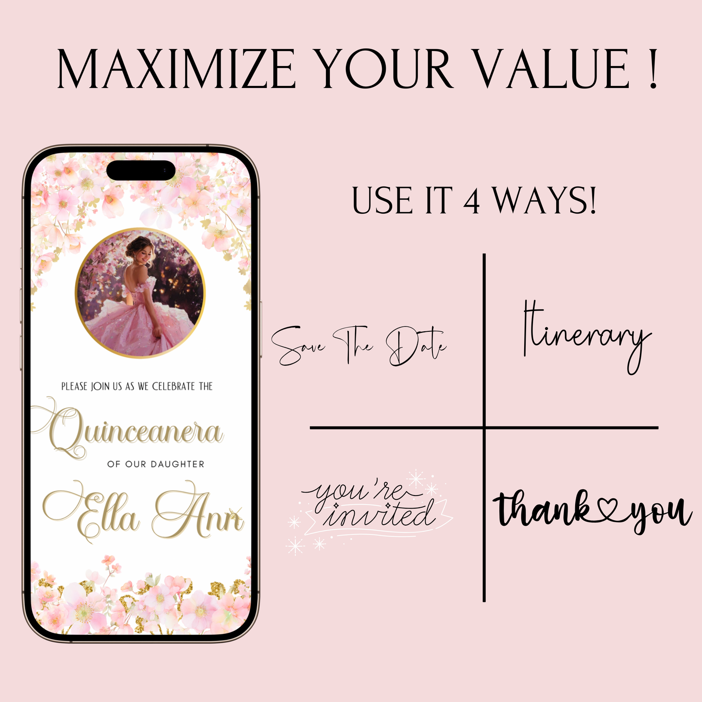 Pink Quinceanera Video Invite Animated Sweet 15 Quince Mobile Evite with RSVP tracking