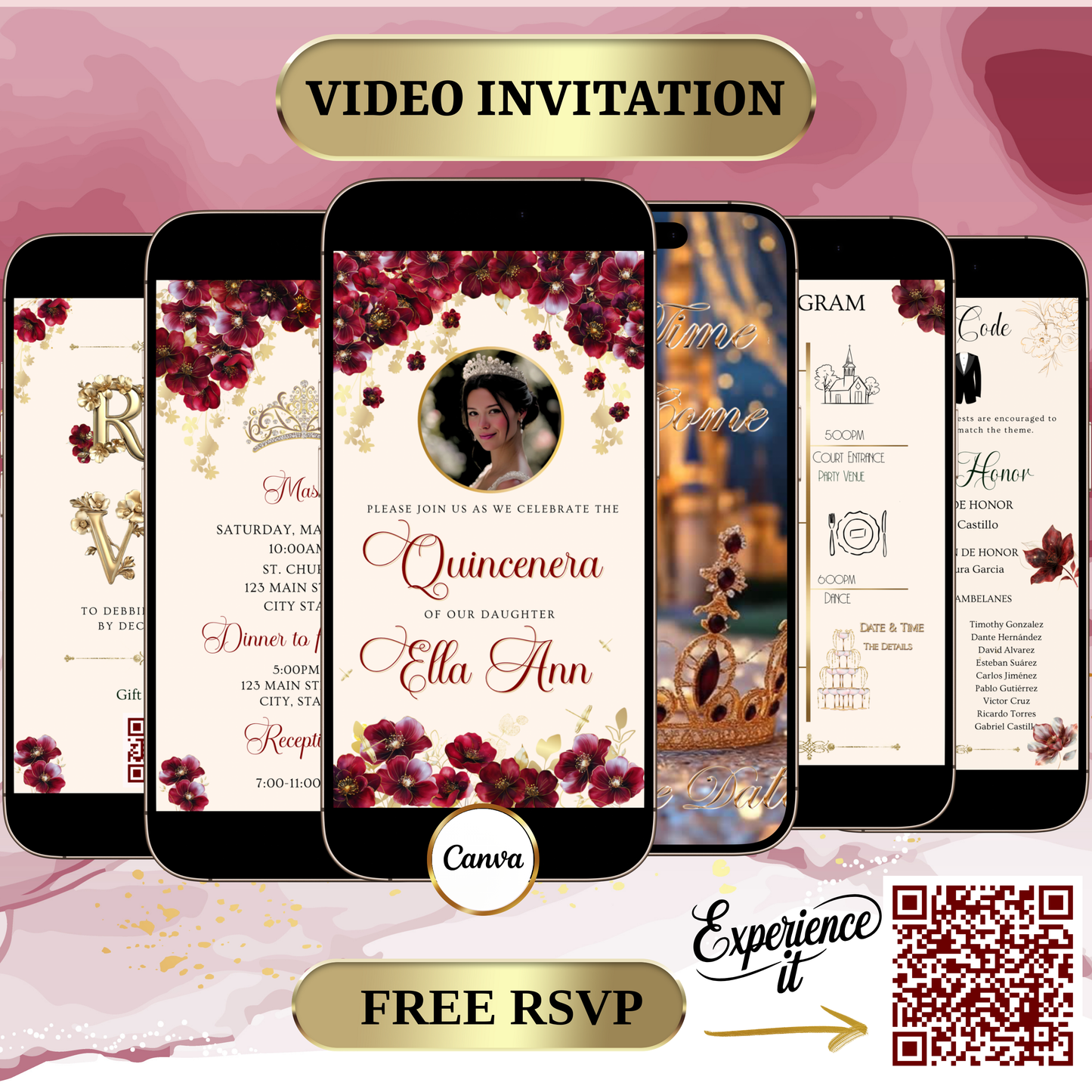 Elegant editable burgundy quinceañera or Sweet 16 video invitation template designed in Canva. Perfect for mobile evites, this digital invite features rich floral details, gold accents, RSVP tracking, and easy customization. Instantly personalize with your event details, music, and photos for a stunning celebration. Ideal for birthdays, quince fiestas, and milestone parties.