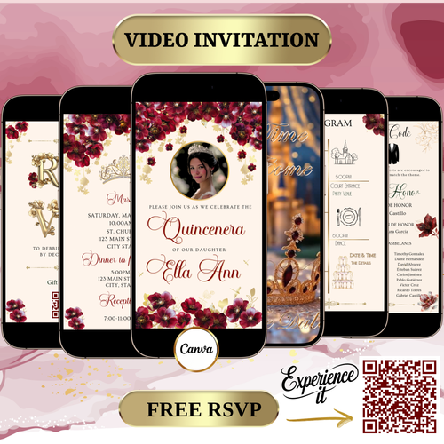 Elegant editable burgundy quinceañera or Sweet 16 video invitation template designed in Canva. Perfect for mobile evites, this digital invite features rich floral details, gold accents, RSVP tracking, and easy customization. Instantly personalize with your event details, music, and photos for a stunning celebration. Ideal for birthdays, quince fiestas, and milestone parties.