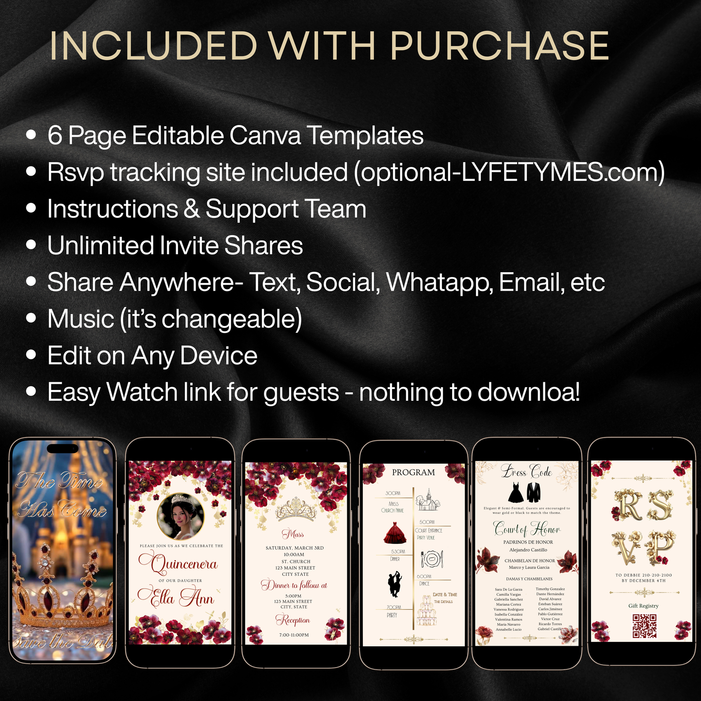 Elegant editable burgundy quinceañera or Sweet 16 video invitation template designed in Canva. Perfect for mobile evites, this digital invite features rich floral details, gold accents, RSVP tracking, and easy customization. Instantly personalize with your event details, music, and photos for a stunning celebration. Ideal for birthdays, quince fiestas, and milestone parties.