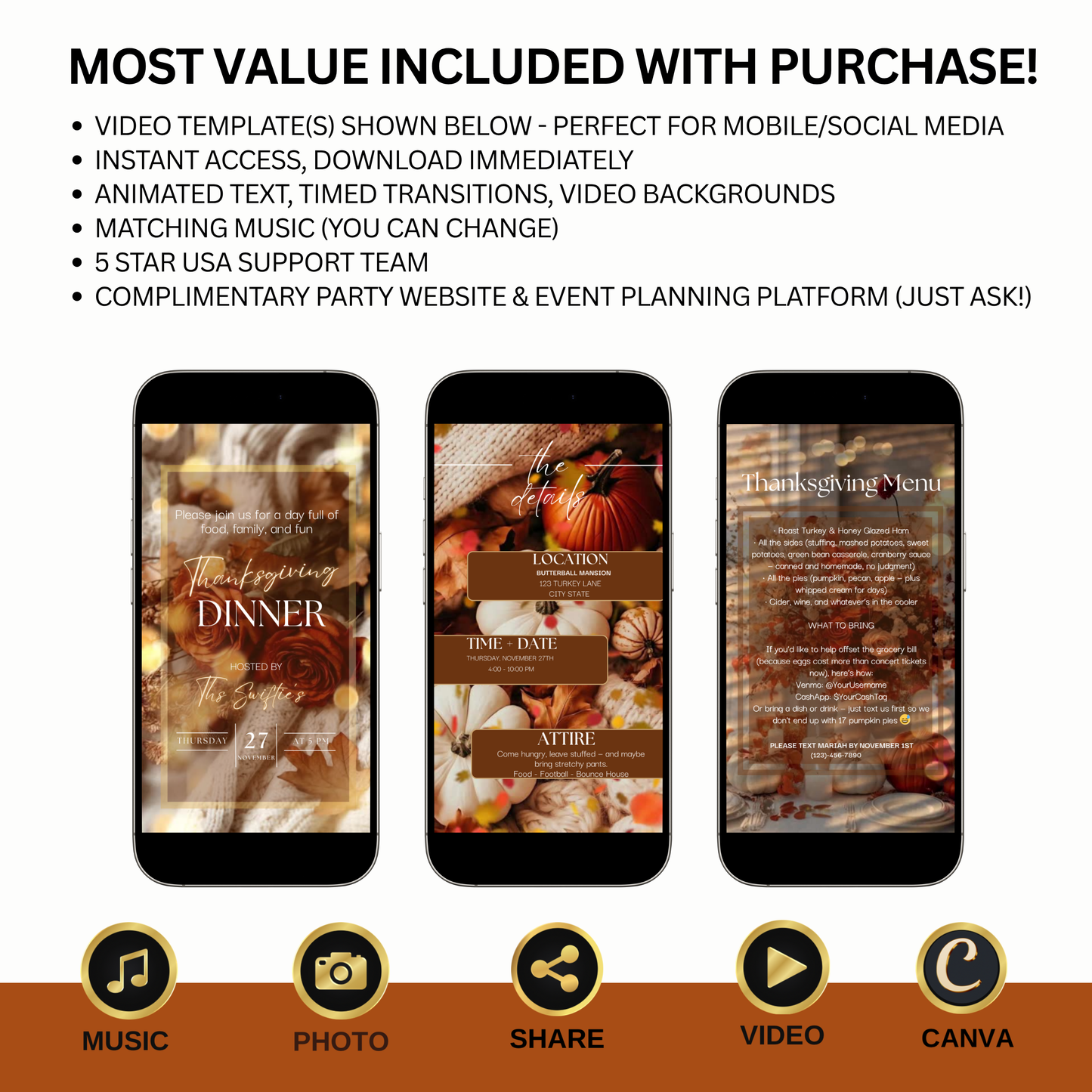 Thanksgiving Video Invitation, Animated Friendsgiving Digital Mobile Evite