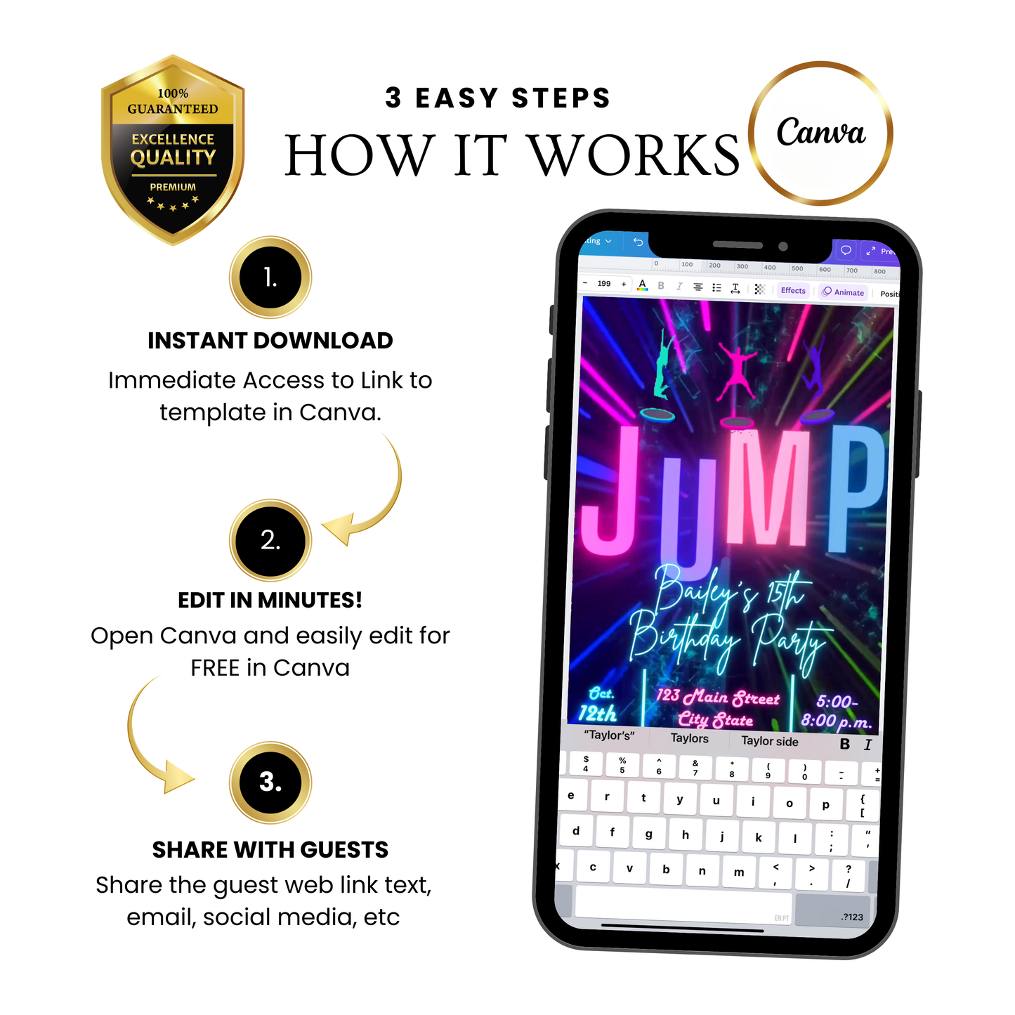 Neon Jump Celebration Video-Einladung | Digitale Glow-Party-Einladung | Bearbeitbare Canva-Einladungsvorlage