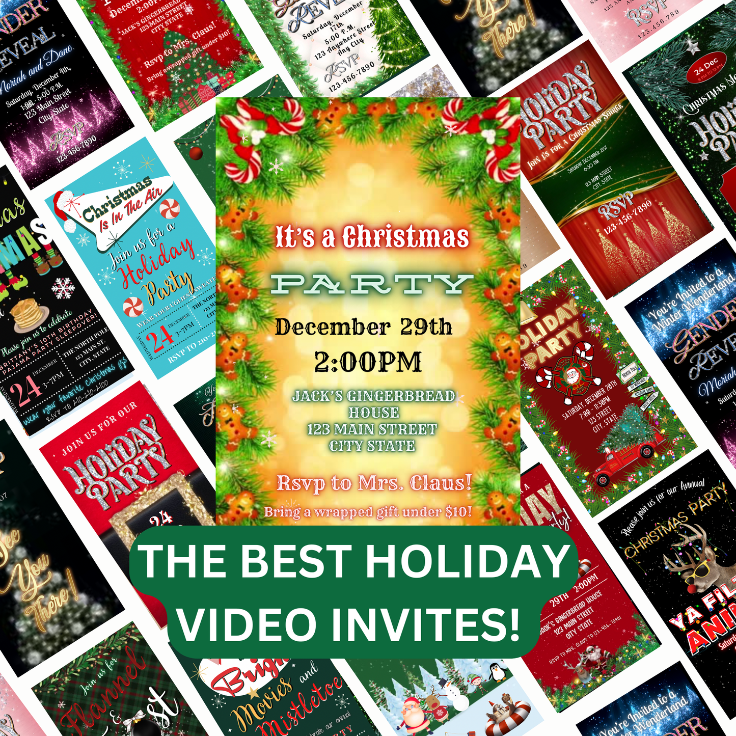 Christmas Party Video Invitation – Digital Gingerbread Cookie Invite - Editable Canva Holiday Evite with Music