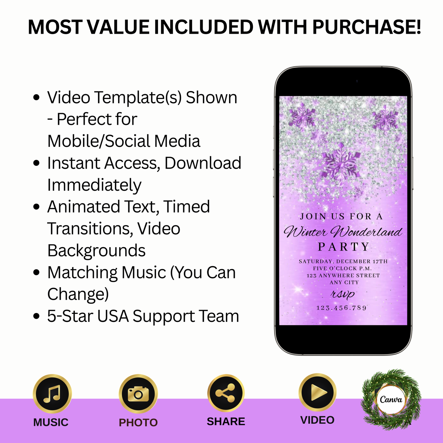 Purple Christmas Party Video Invitation – Editable Pink Snowflake Holiday Evite with Music