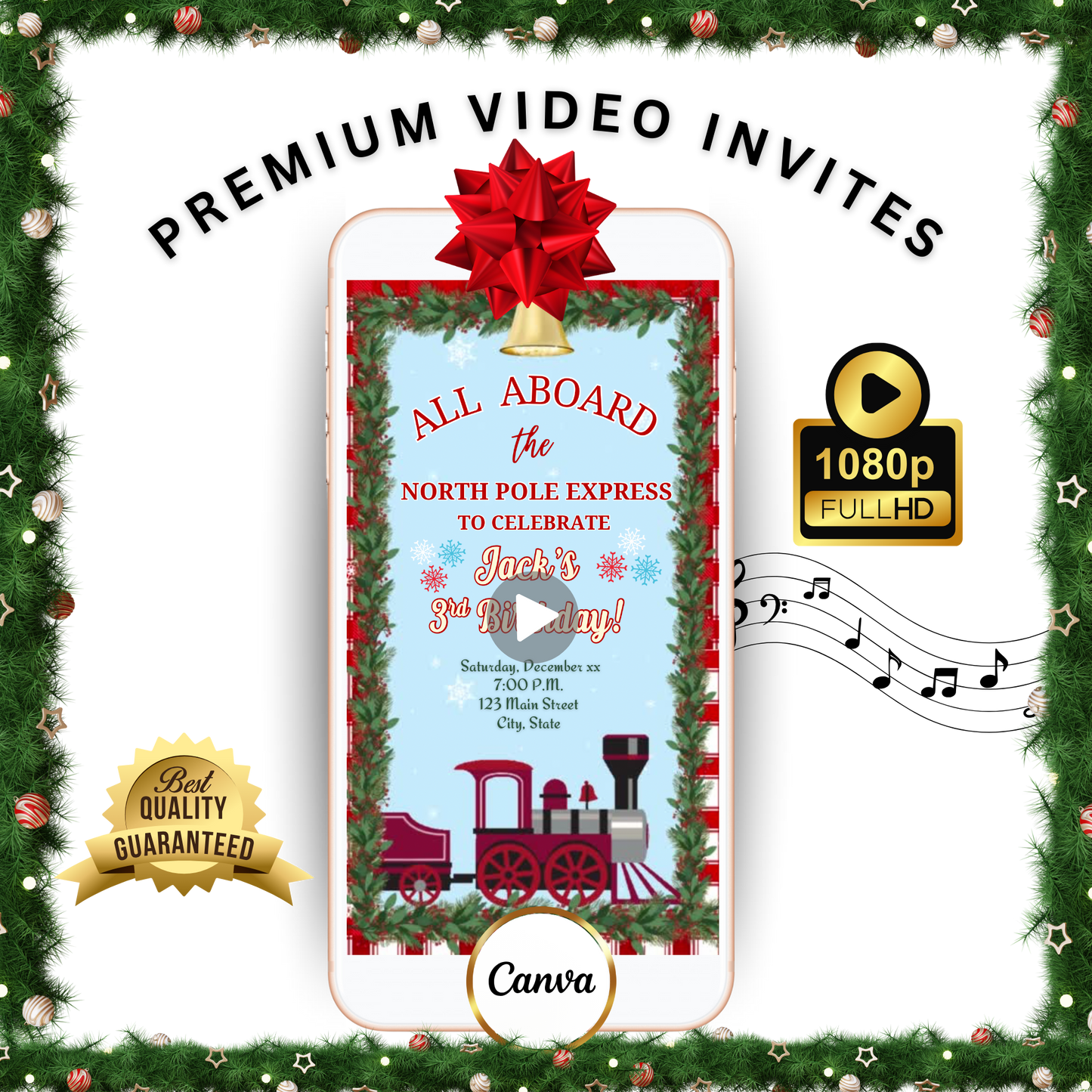 Christmas Train Party Video Invitation – Editable Mobile Holiday Boy Birthday Evite with Music