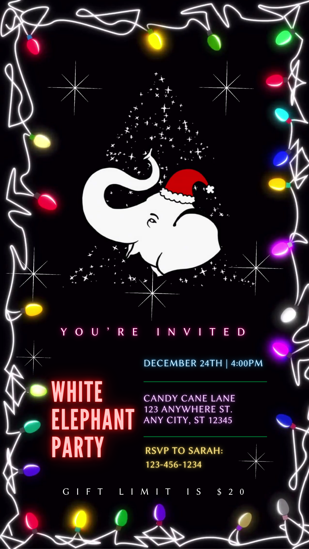 Editable White Elephant video invite displayed on smartphone