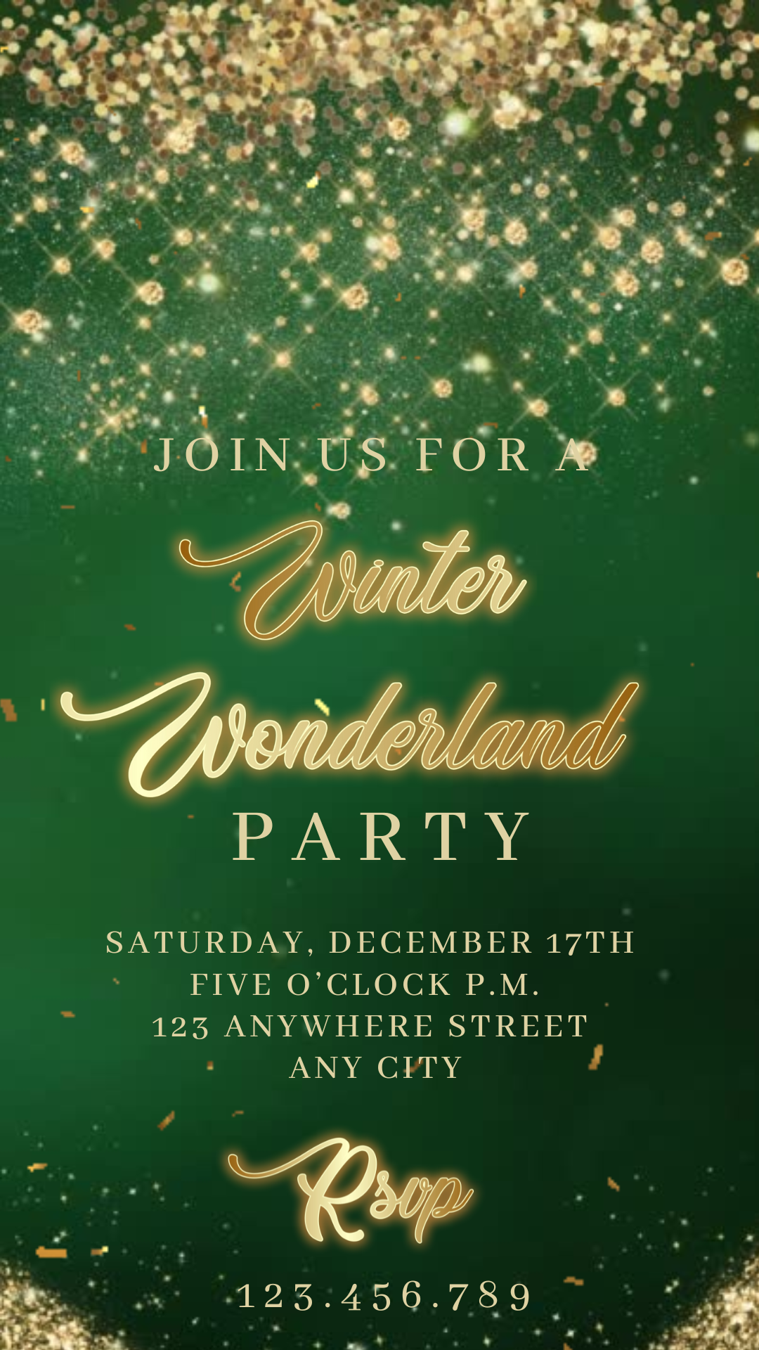 Editable emerald green and gold digital invite displayed on smartphone