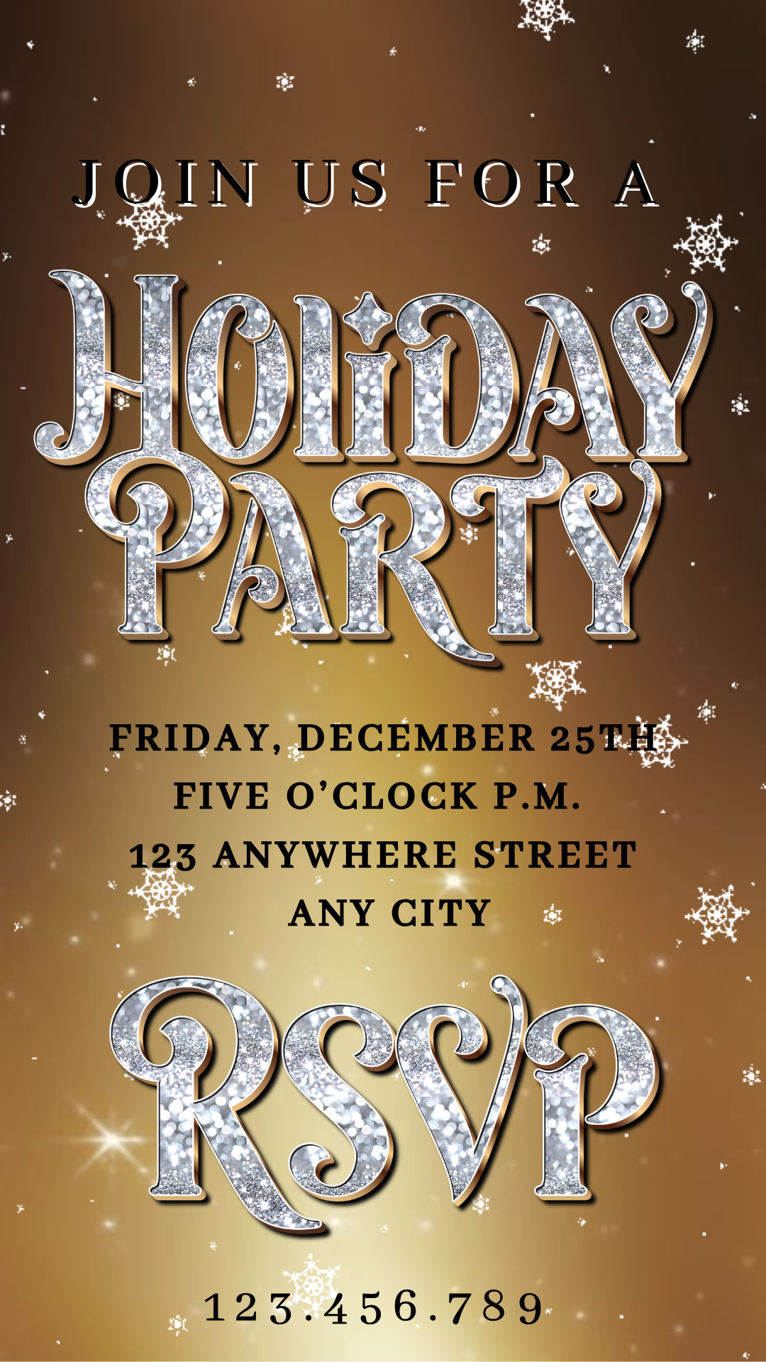 Editable gold-themed festive digital invite displayed on smartphone