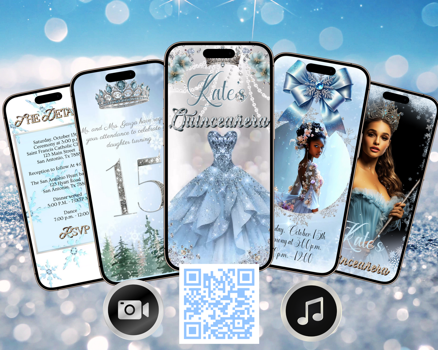 Editable Winter Wonderland Quinceañera Invitation Video – Sweet 15 Blue Snowflake Theme with Tiara, Ball Gown, and Personalized Photo | Animated MP4 Evite for Mobile Sharing | Instant Digital Download for Teen Girl’s Birthday