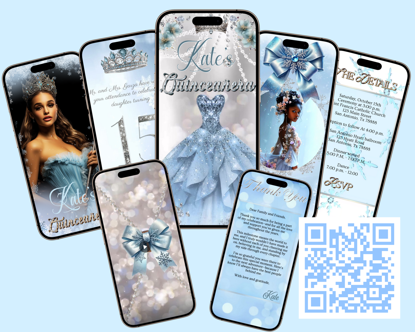 Editable Winter Wonderland Quinceañera Invitation Video – Sweet 15 Blue Snowflake Theme with Tiara, Ball Gown, and Personalized Photo | Animated MP4 Evite for Mobile Sharing | Instant Digital Download for Teen Girl’s Birthday