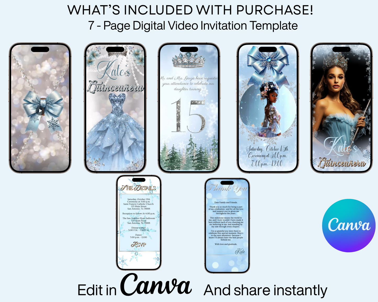 Editable Winter Wonderland Quinceañera Invitation Video – Sweet 15 Blue Snowflake Theme with Tiara, Ball Gown, and Personalized Photo | Animated MP4 Evite for Mobile Sharing | Instant Digital Download for Teen Girl’s Birthday